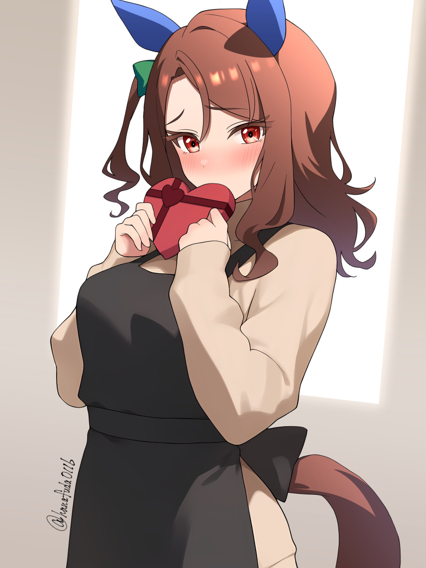 1girl, absurdres, animal_ears, apron, artist_name, black_apron, blurry, blurry_background, blush, box, breasts, brown_hair, brown_sweater, brown_tail, commentary_request, ear_covers, gift, gift_box, hanafuda_(hanafuda0116), heart-shaped_box, highres, holding, holding_box, horse_ears, horse_girl, horse_tail, king_halo_(umamusume), long_sleeves, looking_at_viewer, medium_hair, nose_blush, one_side_up, revision, solo, sweater, tail, textless_version, turtleneck, turtleneck_sweater, umamusume, upper_body