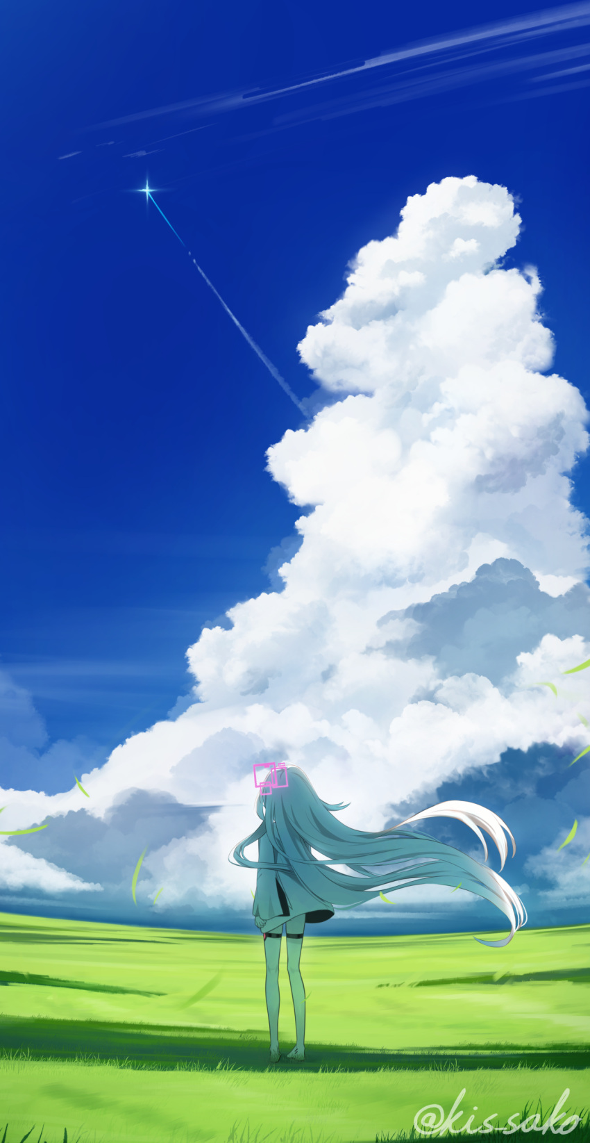 1girl, absurdres, artist_name, blue_archive, blue_sky, clouds, colored_skin, commentary_request