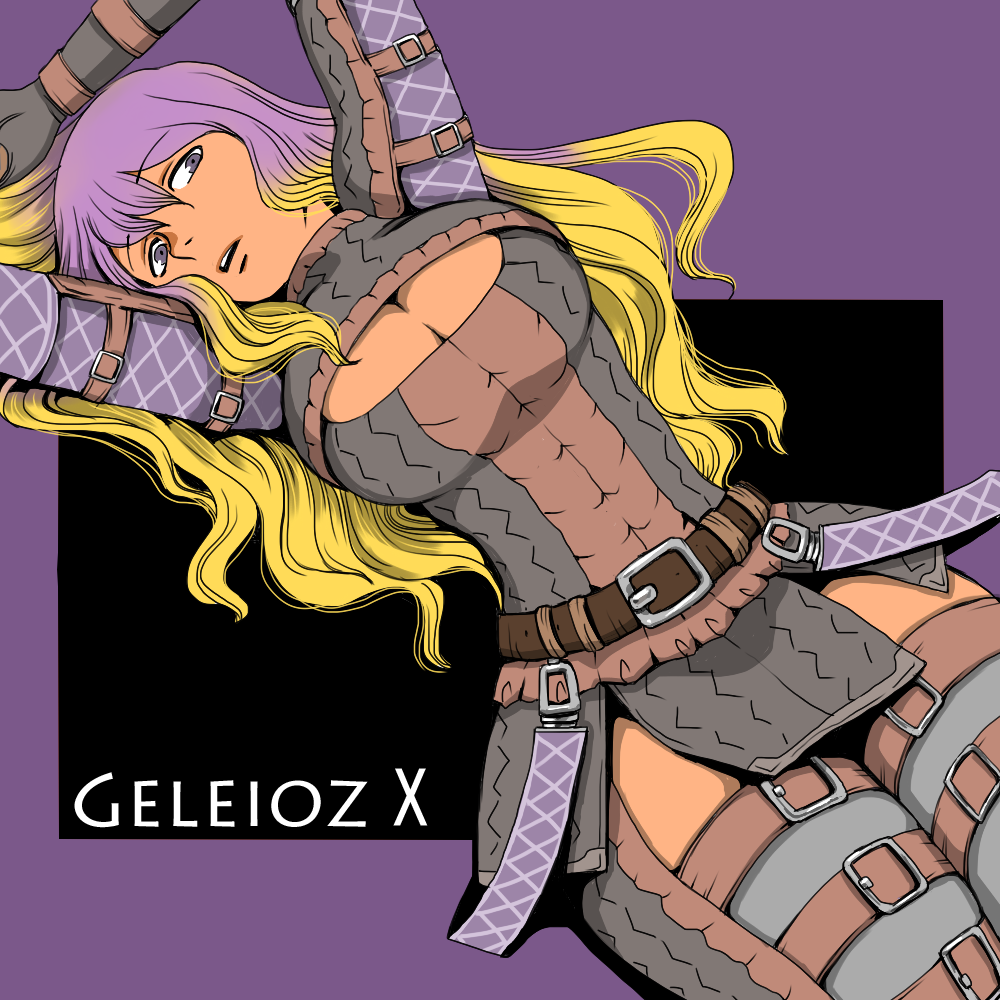 alternate_costume, arms_up, belt, breasts, cleavage, cleavage_cutout, gradient_hair, gypceros_(armor)