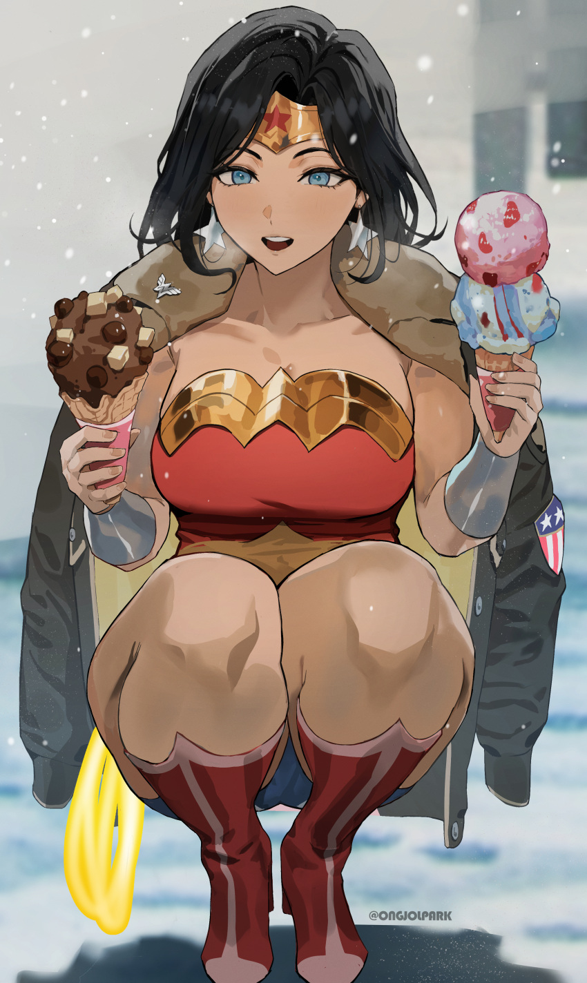 1girl, absurdres, black_hair, blue_eyes, bracer, coat, commentary, dc_comics