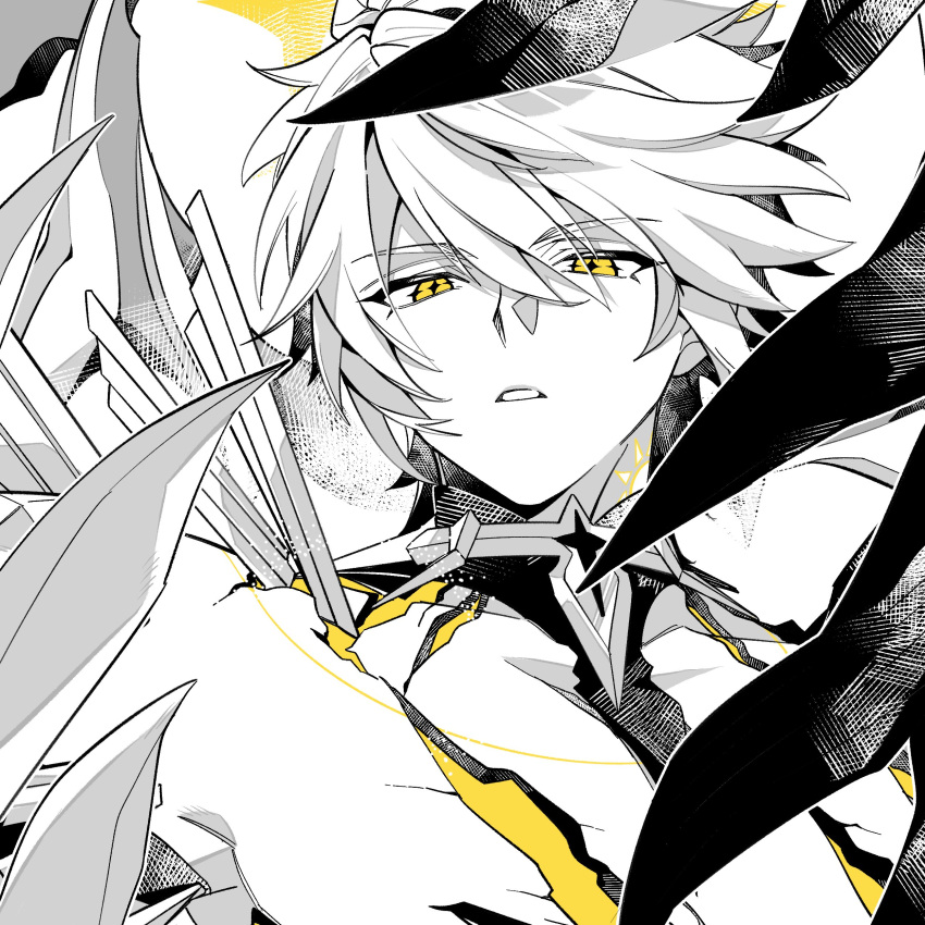 1boy, absurdres, alternate_form, asymmetrical_wings, broken_skin, gauntlets, greyscale, hair_between_eyes