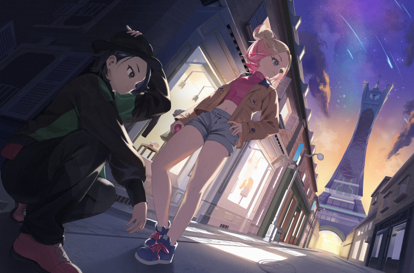 1boy, 1girl, absurdres, black_hair, black_hat, black_pants, blonde_hair, blue_eyes