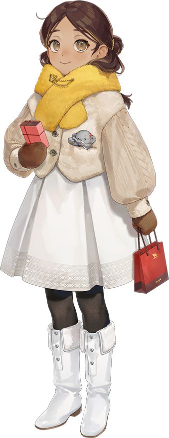 bag, black_pantyhose, boots, brown_eyes, brown_hair, brown_jacket, brown_mittens, dark-skinned_female