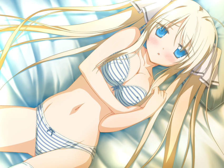 ass, bed_sheet, blonde_hair, blue_eyes, blush, bra, breast_squeeze, breasts