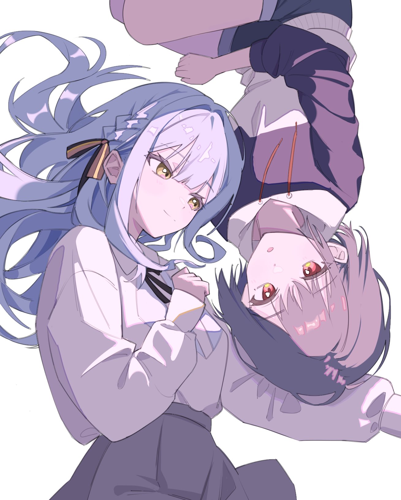 bang_dream!, bang_dream!_it's_mygo!!!!!, bare_legs, blue_hair, bow, clenched_hand, grey_hair, hair_bow