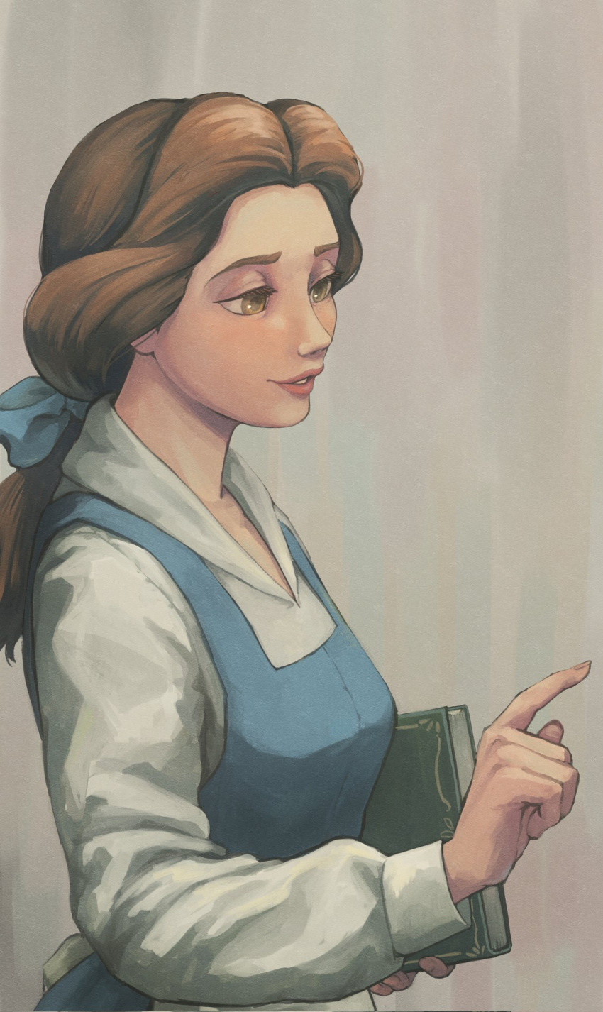 1girl, beauty_and_the_beast_(disney), belle_(disney), bow, brown_eyes, brown_hair, dress, flower