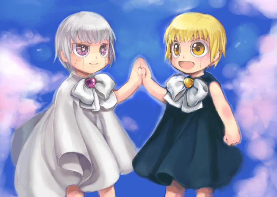 2boys, black_cloak, blonde_hair, bow, bowtie, breasts, brothers, cloak