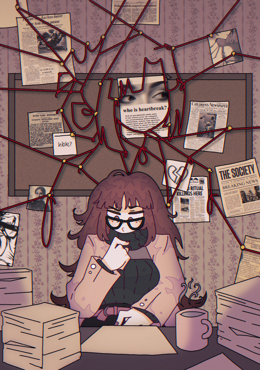 1girl, alt_text, belt, black-framed_eyewear, broken_heart, brown_eyes, brown_hair, bulletin_board