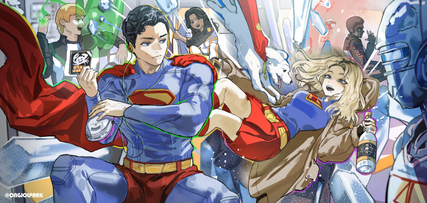 absurdres, blonde_hair, blue_eyes, cape, character_request, dark-skinned_male, dark_skin, dc_comics