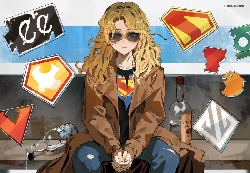 1girl, absurdres, alcohol, blonde_hair, blue_eyes, bottle, brown_coat, coat