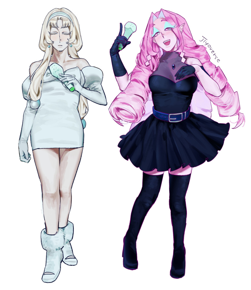 2girls, absurdres, alien_stage, asymmetrical_gloves, bare_shoulders, belt, black_boots, black_dress, black_gloves, blonde_hair, boots, breasts, clothing_cutout, colored_eyelashes, commentary, cookie_run, cookie_run:_kingdom, cosplay, dress, earrings, english_commentary, eternal_sugar_cookie, floating_earrings, gloves, hairband, half_gloves, highres, holding, holding_microphone, jewelry, jiyoverse, juliet_sleeves, long_hair, long_sleeves, microphone, mizi_(alien_stage), mizi_(alien_stage)_(cosplay), multiple_girls, mystic_flour_cookie, off-shoulder_dress, off_shoulder, pink_eyes, pink_hair, pointy_ears, puffy_sleeves, ringlets, short_sleeves, shoulder_cutout, signature, single_half_glove, sua_(alien_stage), sua_(alien_stage)_(cosplay), thigh_boots, uneven_gloves, very_long_hair, white_boots, white_gloves, white_hairband