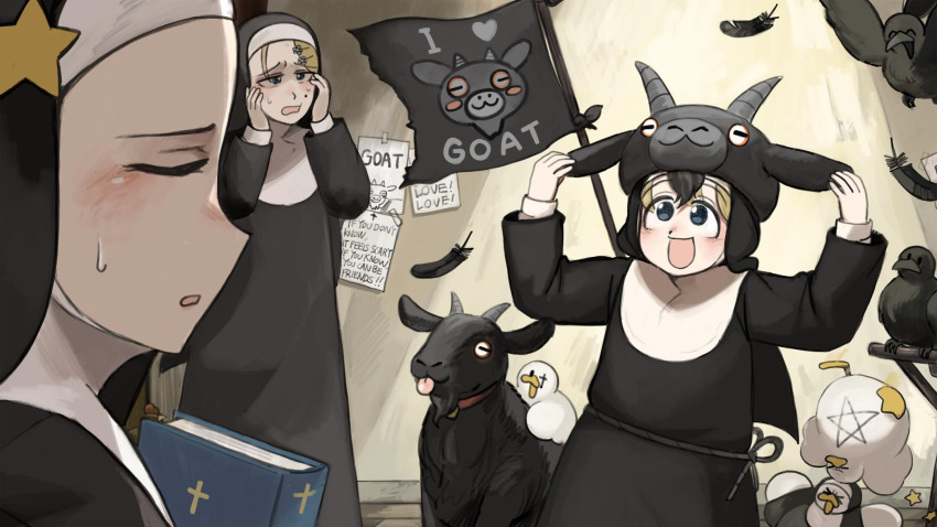 3girls, :d, bible_(object), bird, blonde_hair, blue_eyes, chicken, closed_eyes