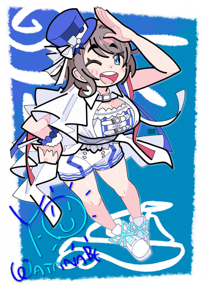 1girl, absurdres, arm_up, armlet, beginners_sailing, belt, belt_buckle, blue_background