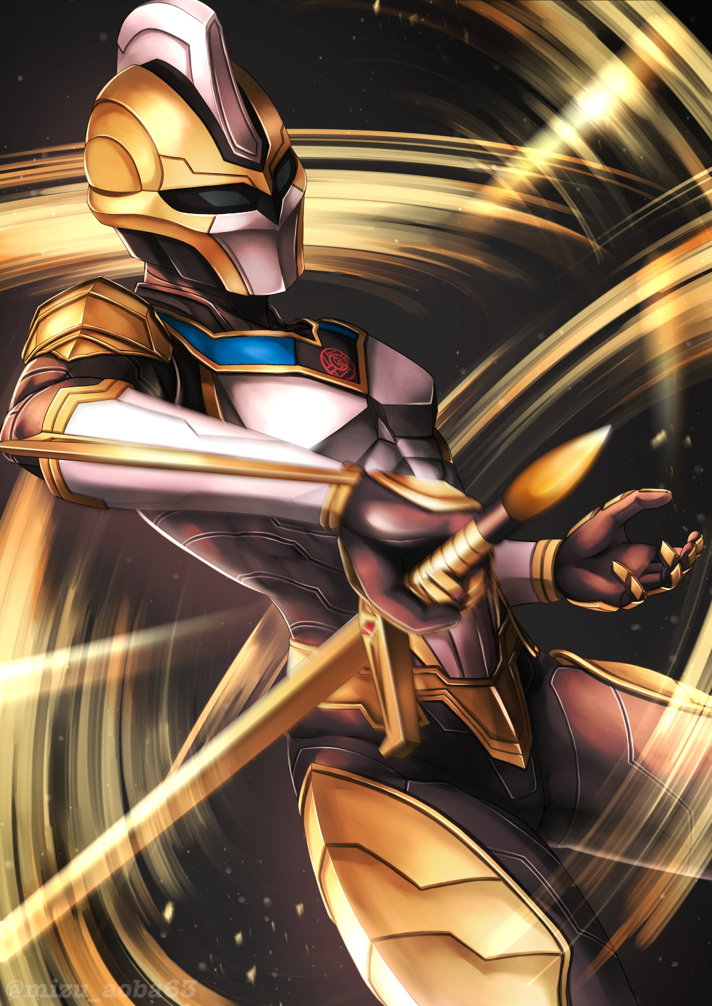 1boy, absolute_titan, alien, arm_blade, armor, breastplate, full_armor, gold_armor