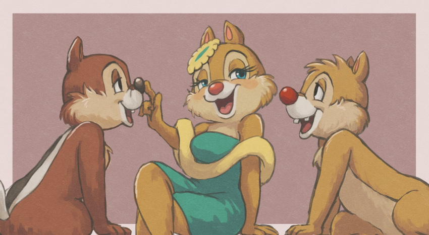 1girl, 2boys, blue_dress, blue_eyes, chip_(disney), chipmunk, chipmunk_ears, chipmunk_girl