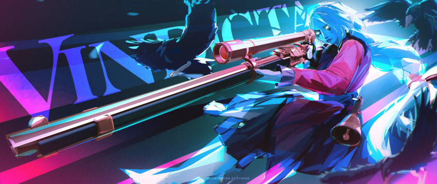 1girl, absurdres, aiming, bird, crow, deadlock_(game), faiz_azhar, glowing