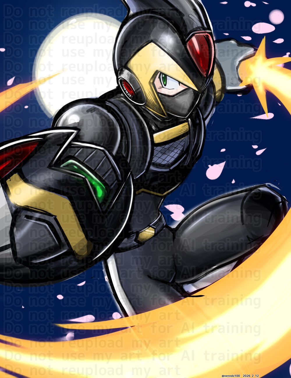1boy, arm_cannon, armor, black_armor, black_helmet, blue_background, commentary_request, energy_sword