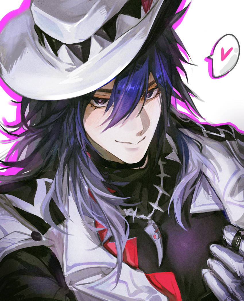 1boy, :>, absurdres, ashveil_(honkai:_star_rail), blush, chinese_commentary, close-up, closed_mouth, coat, commentary_request, covered_collarbone, grabbing_own_pectoral, gradient_hair, hair_between_eyes, hat, heart, highres, honkai:_star_rail, honkai_(series), jewelry, light_smile, looking_at_viewer, male_focus, multicolored_hair, muscular, muscular_male, necklace, open_clothes, open_coat, purple_hair, solo, spoken_heart, tooth_necklace, upper_body, violet_eyes, white_background, xinjinjumin2518941