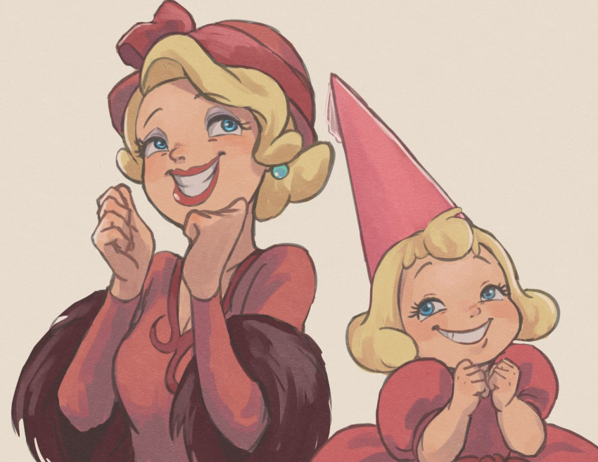 1girl, blonde_hair, blue_eyes, charlotte_la_bouff, child, dress, dual_persona, earrings