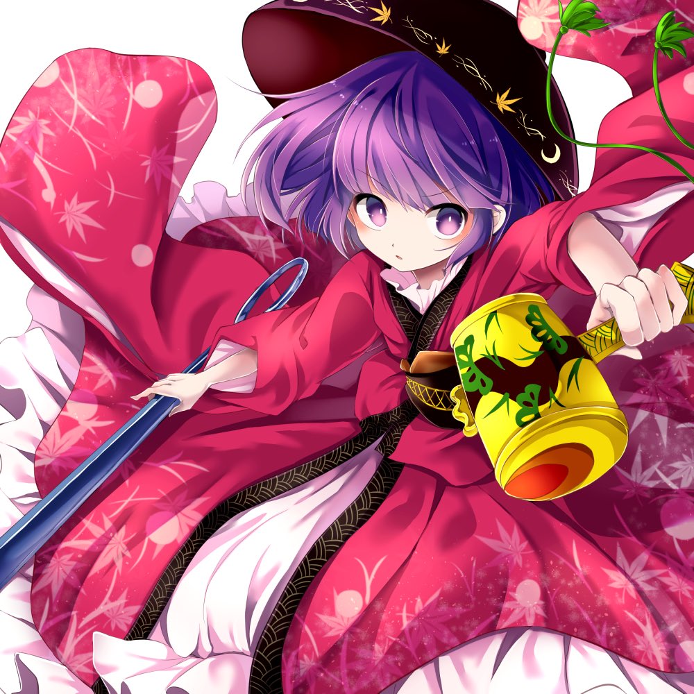 1girl, album_cover, bowl, bowl_hat, chikuwa_savy, commentary_request, cover, dress, feet_out_of_frame, frilled_dress, frills, grass_print, hat, holding, holding_needle, holding_sword, holding_weapon, japanese_clothes, kimono, leaf_print, long_sleeves, miracle_mallet, needle, needle_sword, parted_lips, purple_hair, red_kimono, short_hair, solo, spacelectro, sukuna_shinmyoumaru, sword, touhou, violet_eyes, weapon, white_background, white_dress