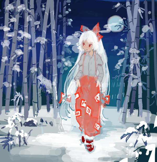 bad_drawr_id, bad_id, bamboo, fujiwara_no_mokou, looking_to_the_side, moon, night, oekaki, red_eyes, snow, suspenders, thumb_in_pocket, touhou, white_hair, yu_(yukiri)