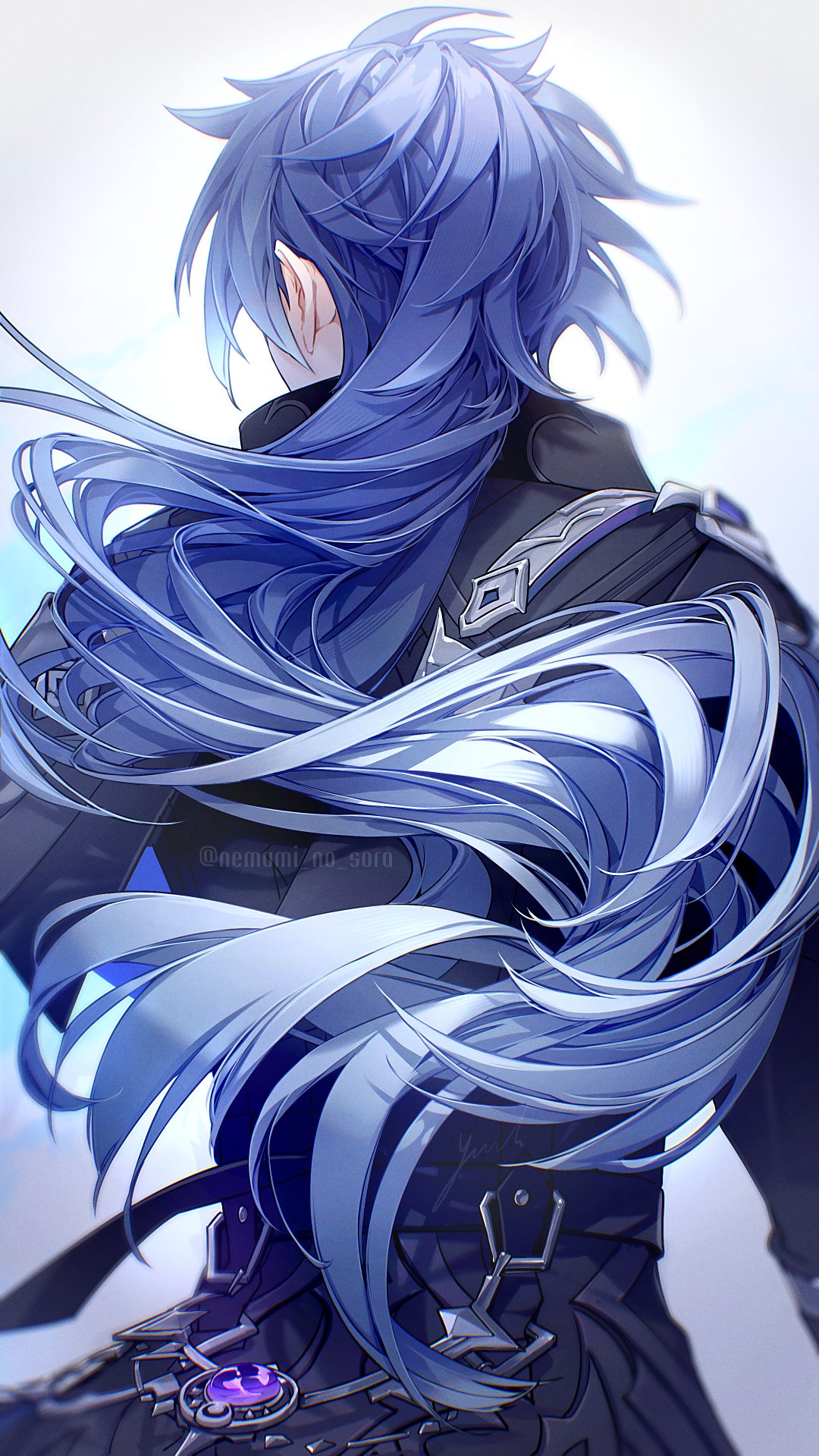 1boy, belt, belt_buckle, black_belt, black_capelet, black_coat, blue_hair, buckle