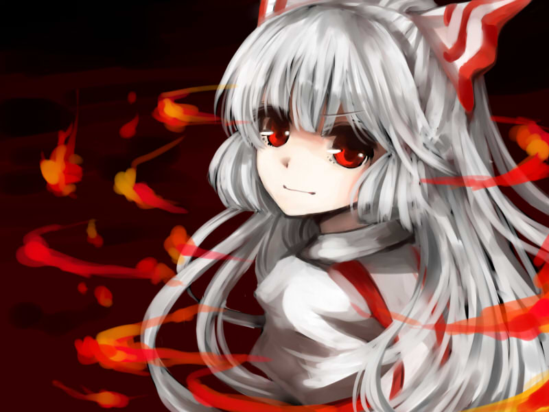 bangs, blunt_bangs, bow, face, fire, fujiwara_no_mokou, hair_bow, long_hair