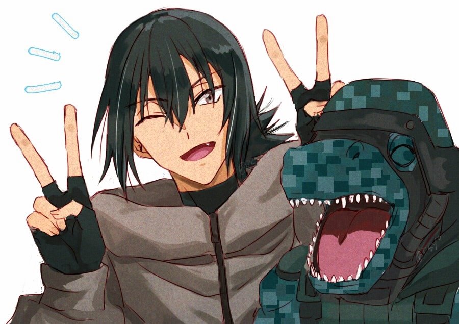 black_hair, closed_eyes, coat, commandramon, commentary, digimon, digimon_(creature), digimon_beatbreak, double_v, dragon, fang, grey_coat, open_mouth, risyo, sharp_teeth, short_hair, simple_background, sone_haruomi, teeth, untranslatable_commentary, upper_body, v, white_background