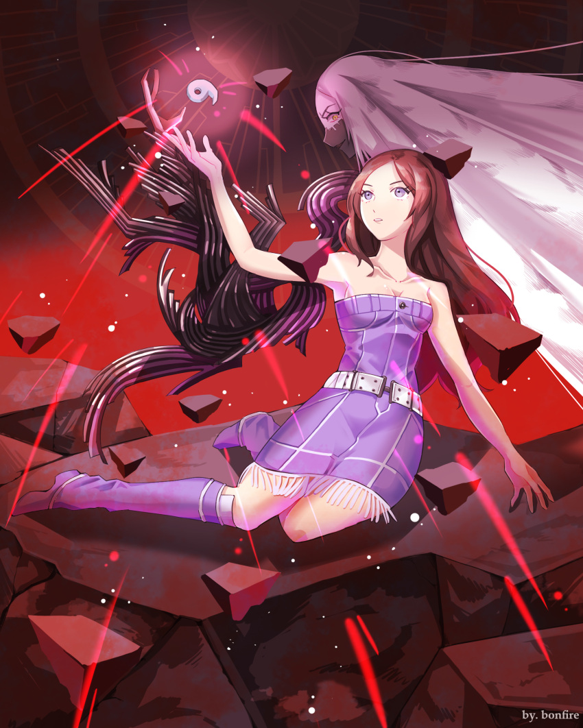 2girls, arm_up, artist_name, belt, black_background, bonfire01, boots, brown_hair