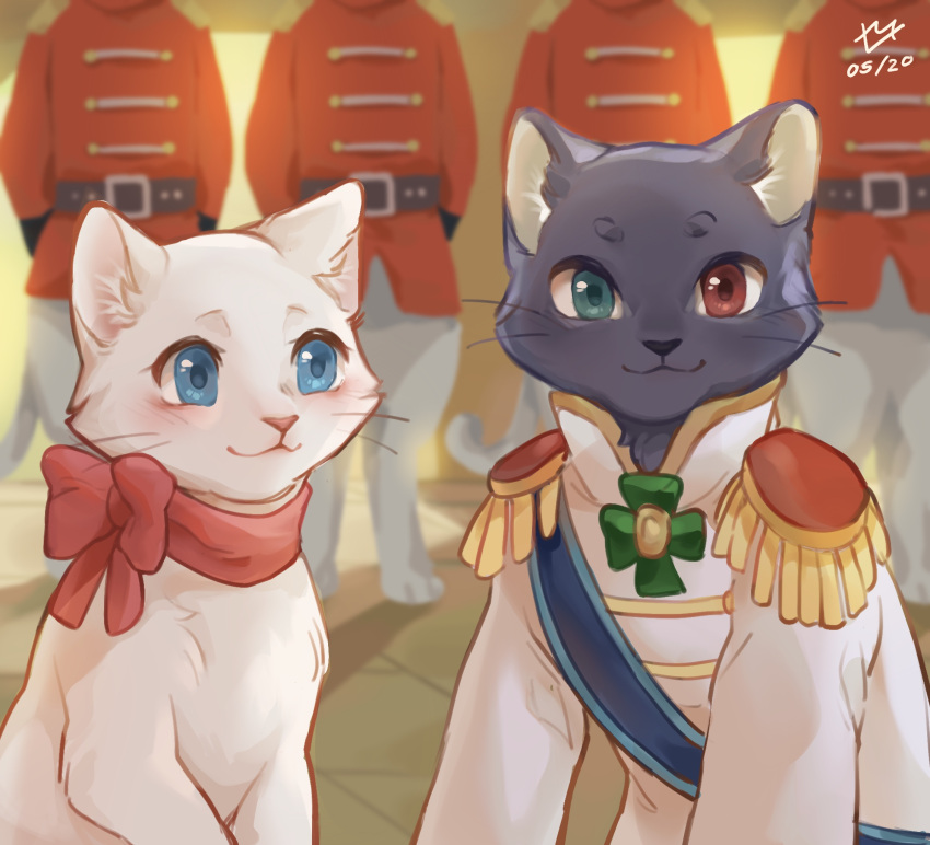 1boy, 1girl, 4others, animal_ears, blue_eyes, blue_fur, blurry, blurry_background