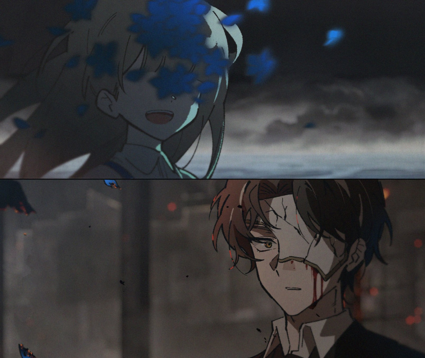 1boy, 1girl, :d, black_hair, black_jacket, blonde_hair, blood, blood_from_eyes