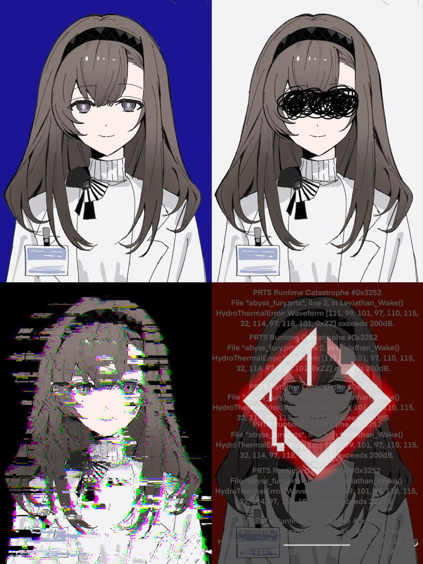 4girls, arknights, bigrabbitcookie, black_background, black_hairband, blue_background, breasts, brown_hair
