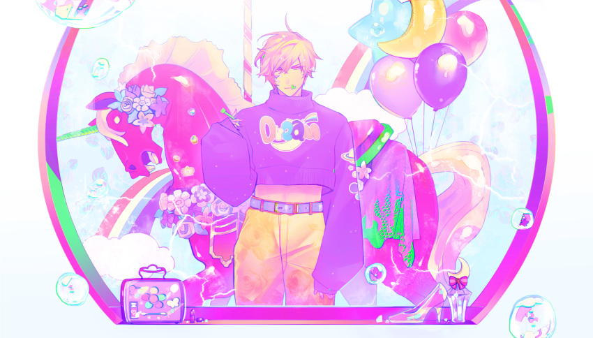 1boy, absurdres, balloon, blonde_hair, bubble, bubble_pipe, commentary_request, cosmetics