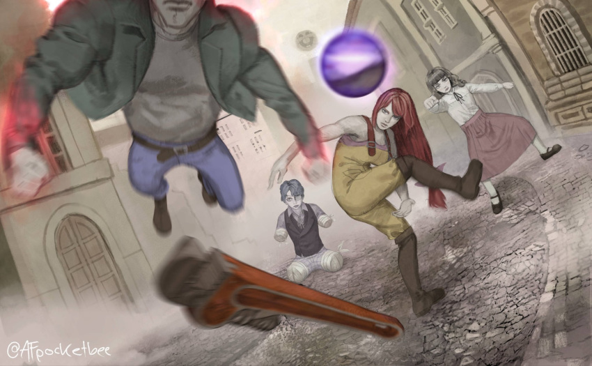 2boys, 2girls, abella_(fear_&amp;_hunger), adjustable_wrench, ai-generated_art_(topic), amputee, artist_name, bandages