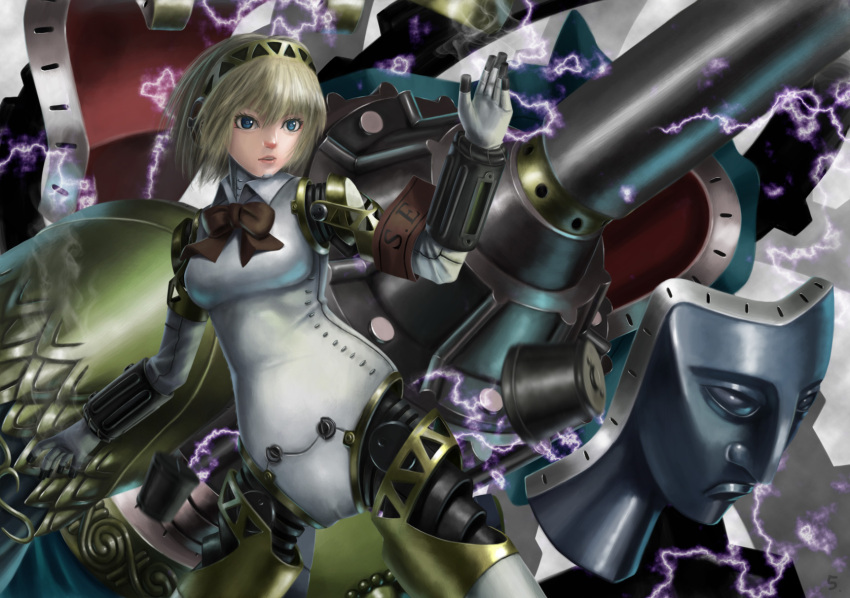 android, armband, blonde_hair, blue_eyes, bow, control5, electricity, highres