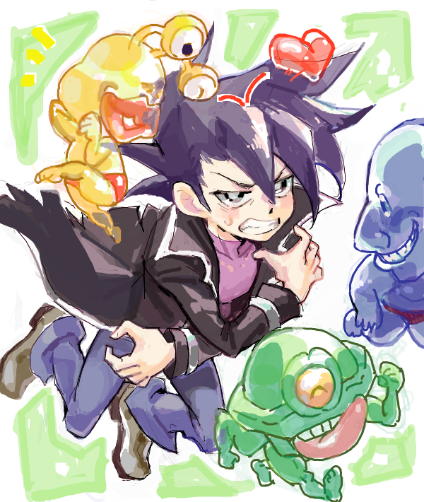bad_drawr_id, bad_id, black_coat, clenched_teeth, coat, embarrassed, heart, looking_at_viewer