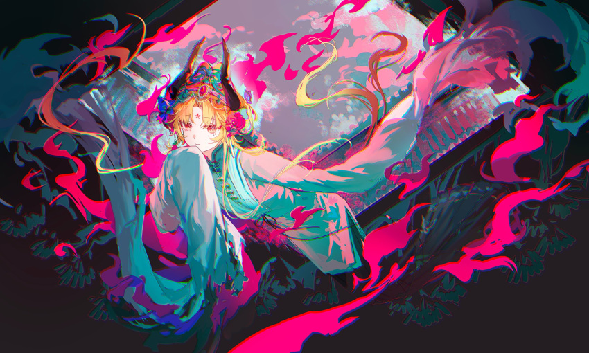 1girl, aoqun, arknights, black_background, black_skirt, blonde_hair, chinese_clothes, chinese_commentary, commentary_request, facial_mark, fenzisheng1, fire, forehead_mark, hanfu, highres, horns, huadian, long_hair, long_sleeves, mandarin_collar, official_alternate_costume, philae_(an_opera_of_flowers)_(arknights), philae_(arknights), pink_fire, red_eyes, simple_background, skirt, sleeves_past_fingers, sleeves_past_wrists, smoke, solo, very_long_hair