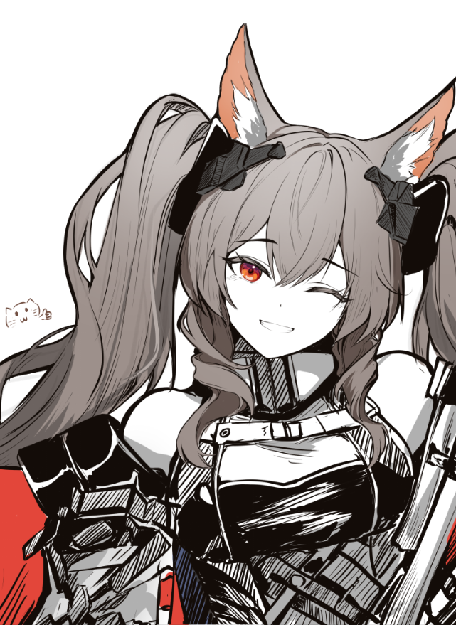 1girl, angelina_(arknights), animal_ear_fluff, animal_ears, bare_shoulders, black_dress, breasts, brown_hair