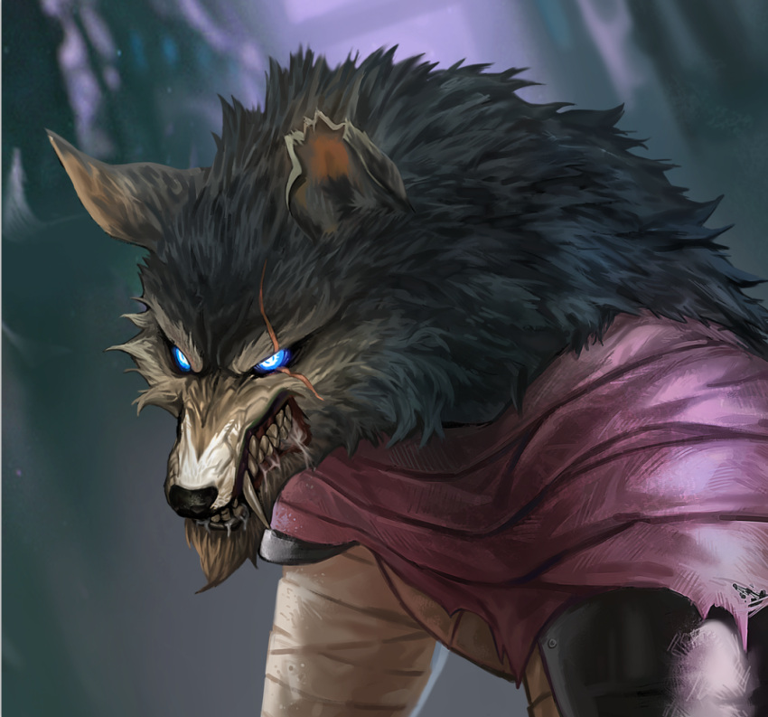 1boy, animal_ears, armor, bandaged_arm, bandages, black_sclera, blue_eyes, blurry