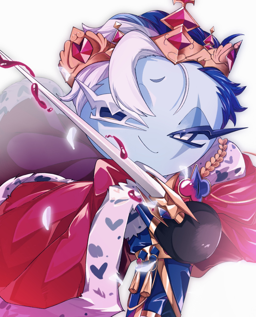 1boy, absurdres, blue_eyes, blue_hair, blue_skin, cloak, colored_eyelashes, colored_skin, cookie_run, cookie_run:_kingdom, crown, heterochromia, highres, holding, holding_sword, holding_weapon, jam, kyousin_sya69, multicolored_hair, red_cloak, shadow_milk_cookie, shadow_milk_cookie_(an_ad-lib_ending), solo, sword, weapon, white_eyelashes, white_eyes, white_hair