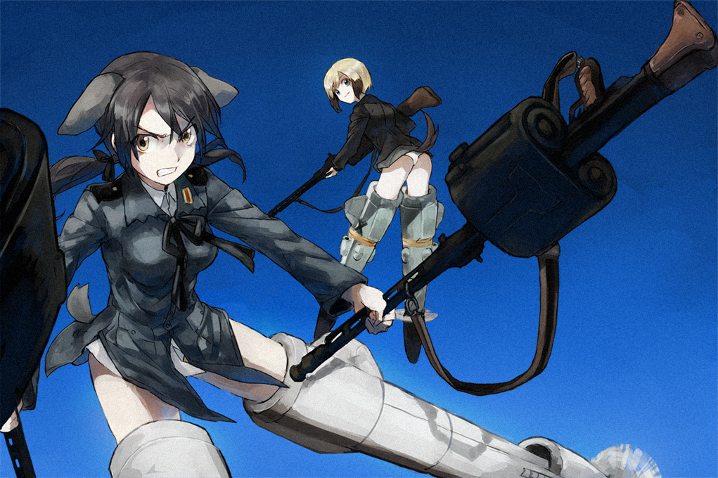 amamori_kohan, animal_ears, ass, black_hair, blonde_hair, blue_eyes, clenched_teeth, dual_drum_magazine