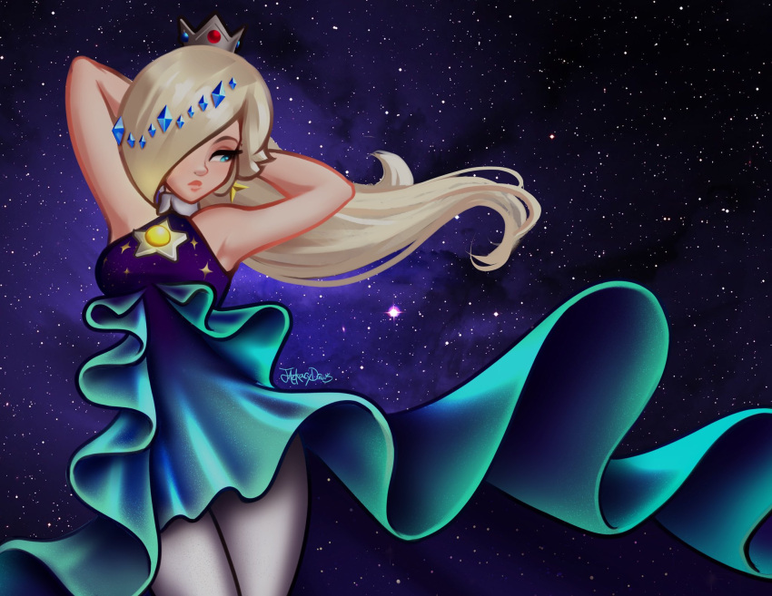 1girl, armpits, arms_behind_head, bare_shoulders, blonde_hair, blue_dress, blue_eyes, breasts