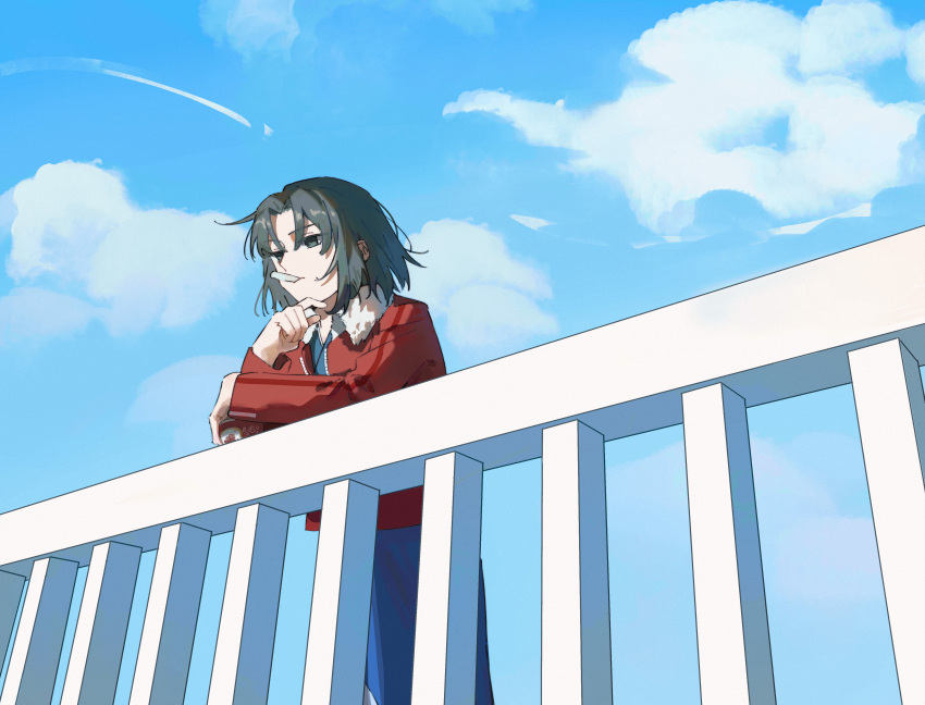 1girl, absurdres, against_railing, black_hair, blue_kimono, blue_sky, cropped_legs, cup