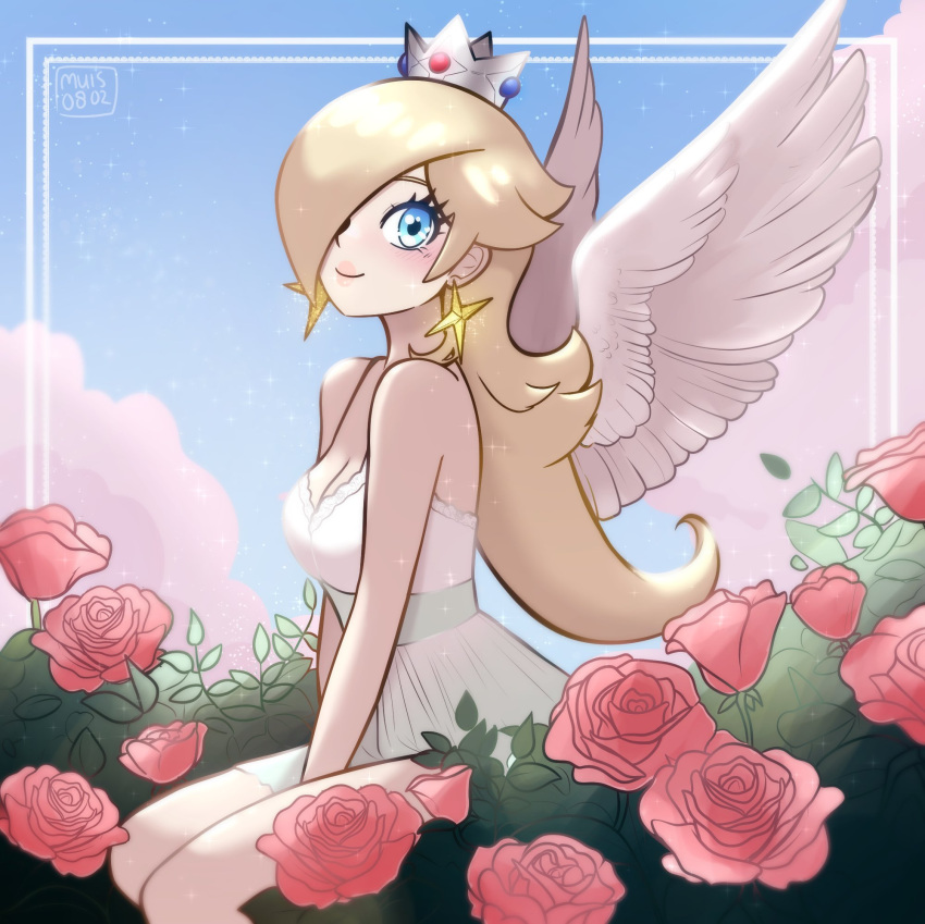 1girl, angel_wings, bare_shoulders, belt, between_legs, blonde_hair, blue_eyes, breasts