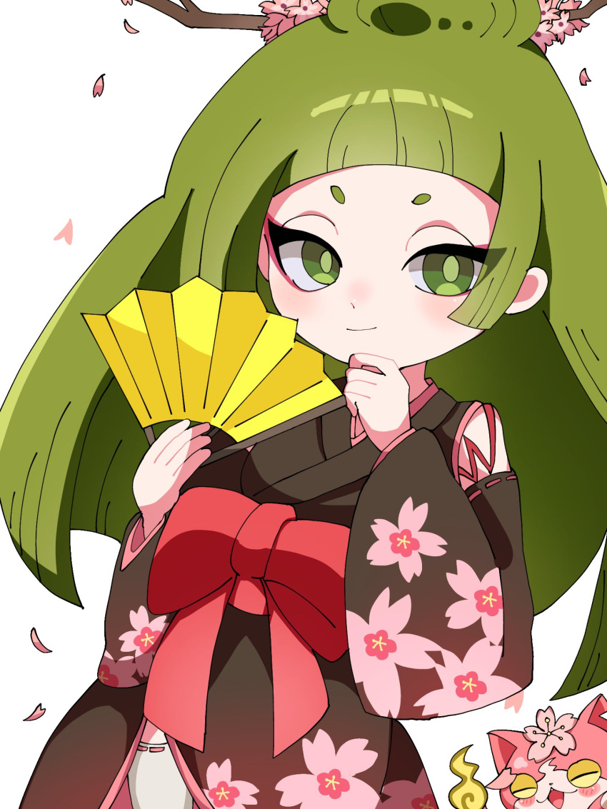 1boy, 1girl, black_kimono, blush, bokarosuki13, cherry_blossom_print, falling_petals, floral_print