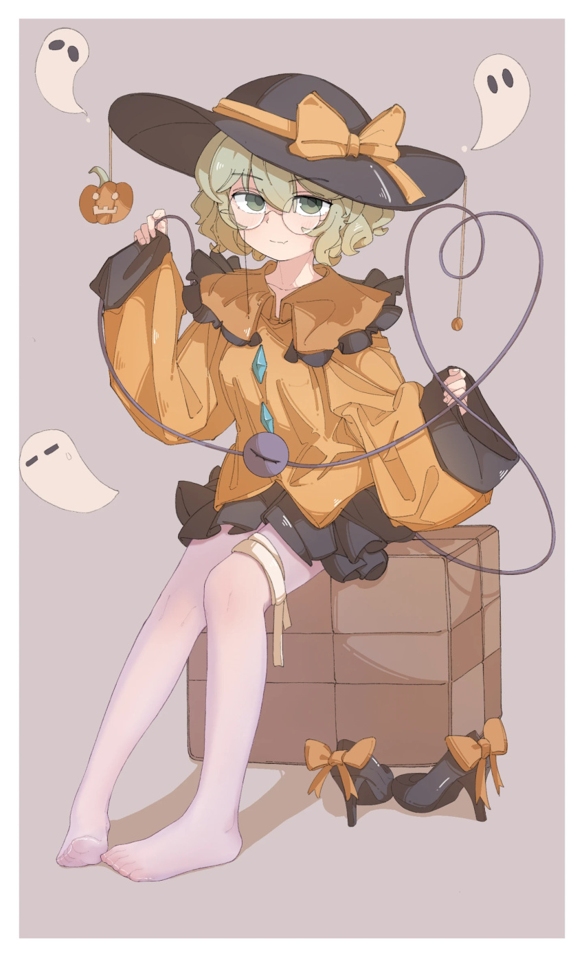 1girl, feet, fengzhong_yuntuan, full_body, glasses, green_eyes, green_hair, highres