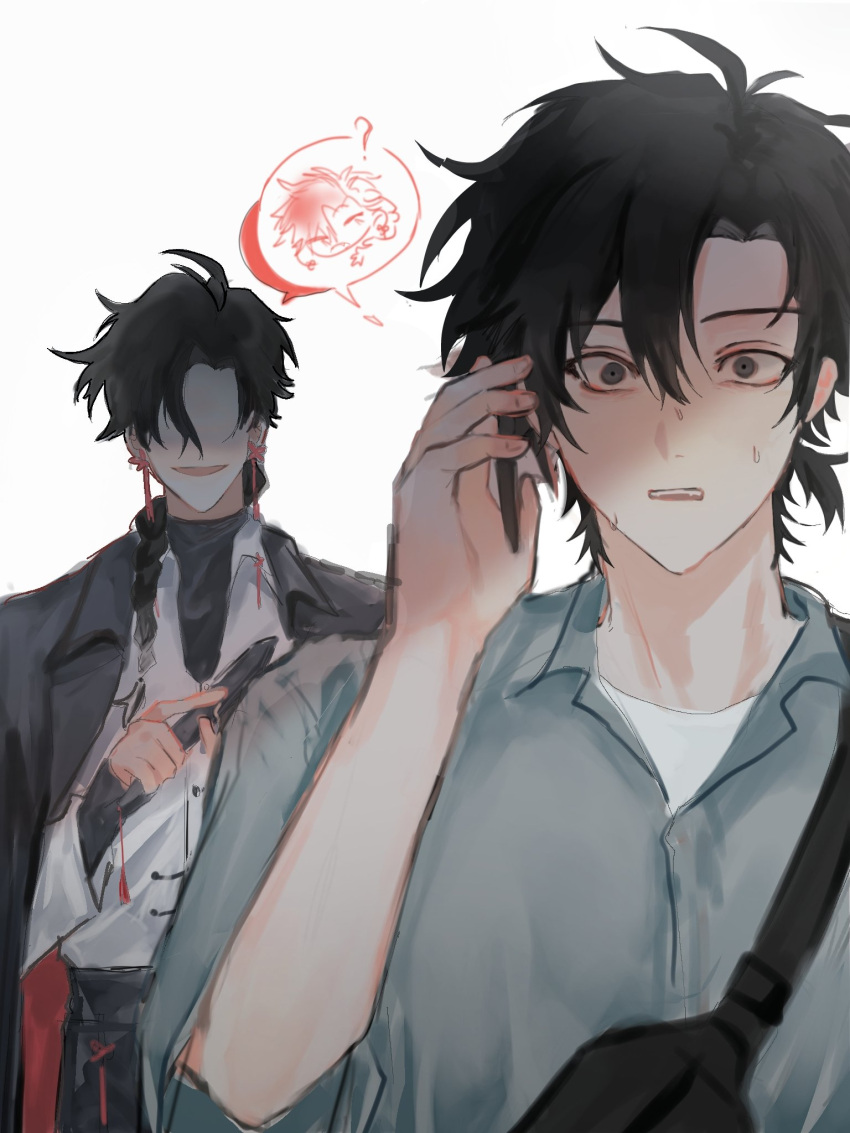 2boys, ?, alternate_hair_color, antenna_hair, bag, black_bag, black_coat, black_eyes