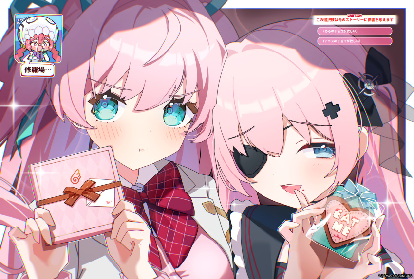 3girls, :3, :t, anis_bennett, aqua_eyes, aqua_ribbon, artist_name, black_bow