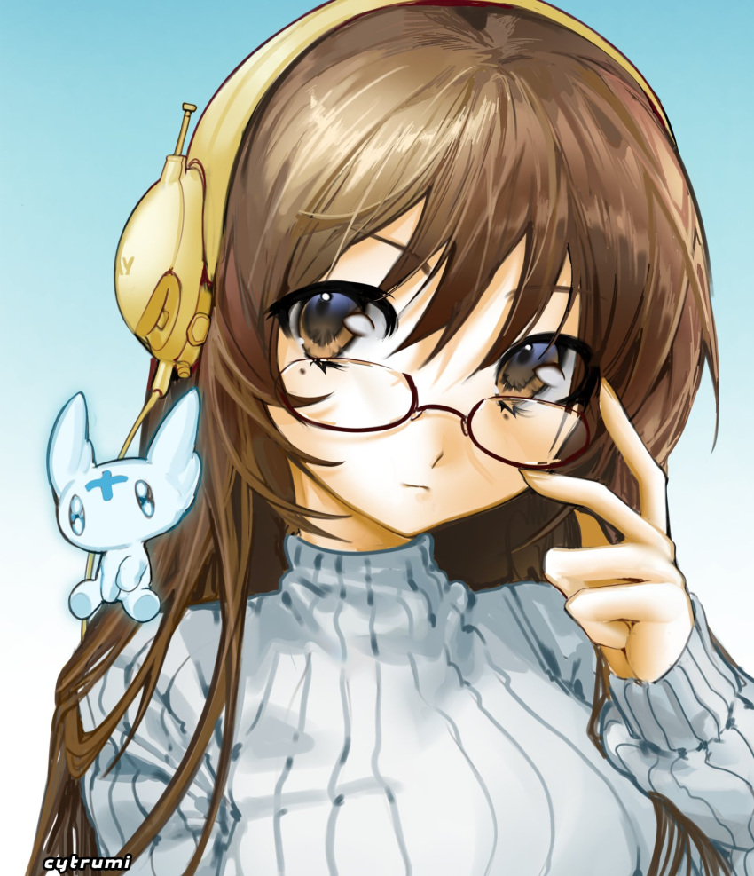 1girl, adjusting_eyewear, artist_name, blue_background, brown_eyes, brown_hair, chibi, closed_mouth