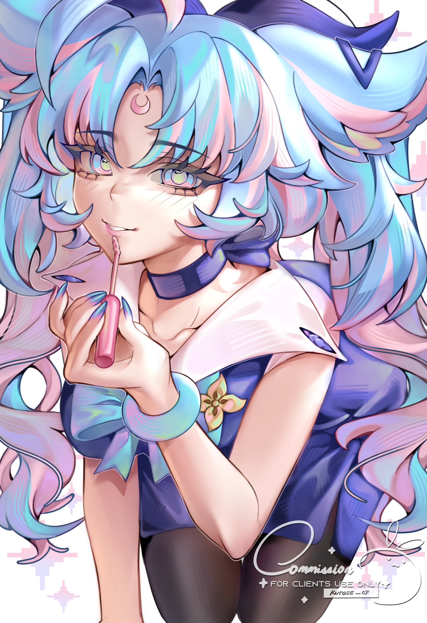 1girl, aegyo_sal, animal_ears, applying_lipstick, applying_makeup, applying_own_makeup, black_thighhighs, blue_choker, blue_dress, blue_eyes, blue_hair, blue_nails, bracelet, choker, collarbone, commentary, commission, cosmetics, cowboy_shot, crescent, crescent_facial_mark, doe-foot_applicator, dress, english_commentary, facial_mark, fingernails, forehead_mark, green_eyes, highres, jewelry, kurase_usagiri, lipstick, long_hair, looking_at_viewer, makeup, multicolored_eyes, multicolored_hair, nail_polish, original, parted_bangs, parted_lips, pink_hair, pink_lips, sleeveless, sleeveless_dress, solo, thigh-highs, two-tone_eyes, two-tone_hair, vgen_commission, watermark, white_background